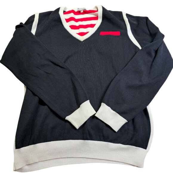 Aquascutum Sweaters - Aquascutum Womens V-Neck Sweater L 100% Cotton Navy Red & White